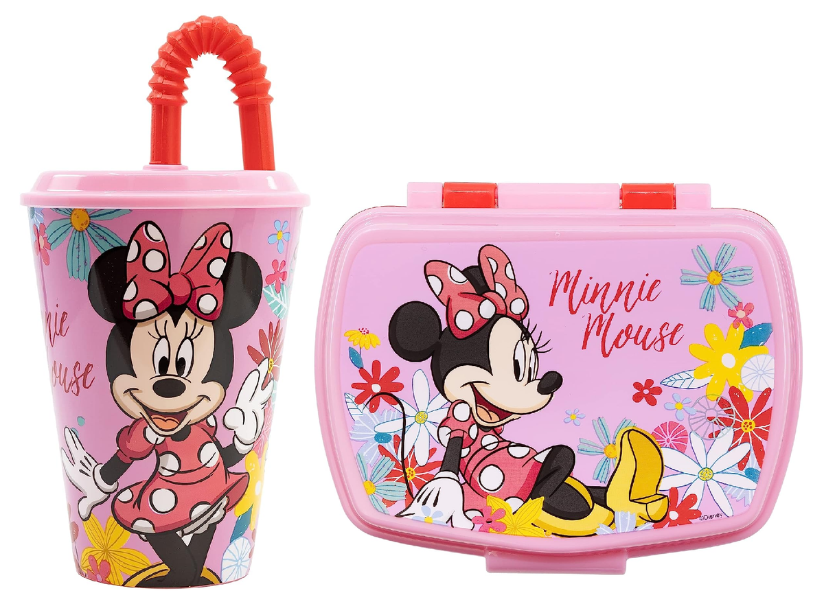 Set Bicchiere con Cannuccia e Portamerenda Minnie DISNEY 2 Pezzi in Plastica Riutilizzabile Bpa Free