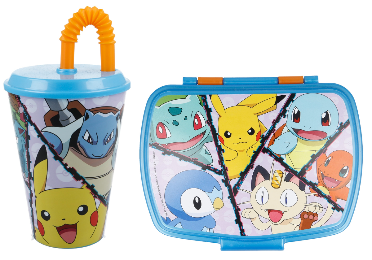 Set Bicchiere con Cannuccia e Portamerenda Pokémon 2 Pezzi in Plastica Riutilizzabile Bpa Free