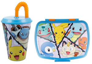 Set Bicchiere con Cannuccia e Portamerenda Pokémon 2 Pezzi in Plastica Riutilizzabile Bpa Free