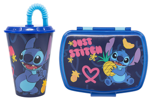 Set Bicchiere con Cannuccia e Portamerenda Stitch DISNEY 2 Pezzi in Plastica Riutilizzabile Bpa Free