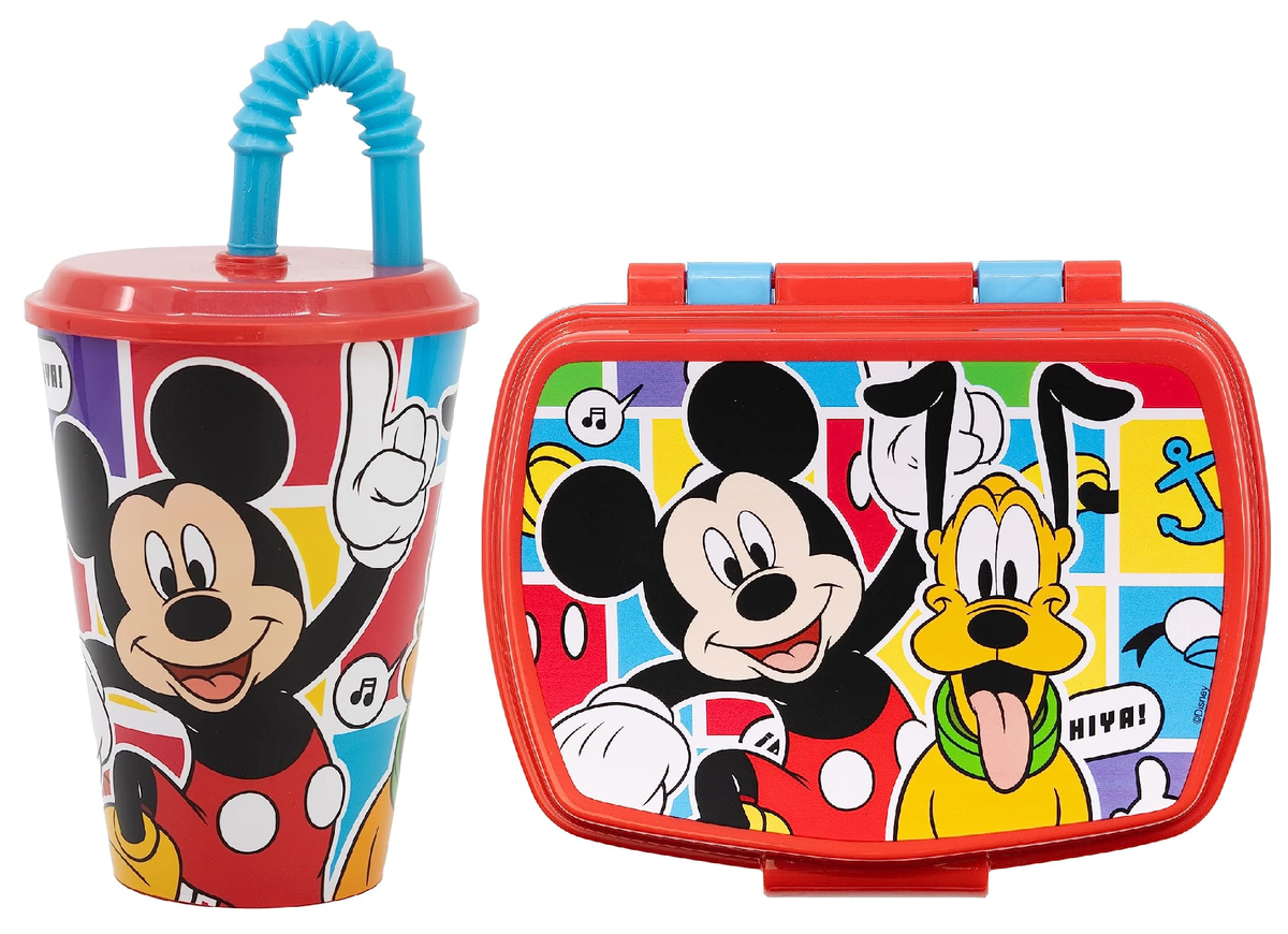 Set Bicchiere con Cannuccia e Portamerenda Topolino DISNEY 2 Pezzi in Plastica Riutilizzabile Bpa Free
