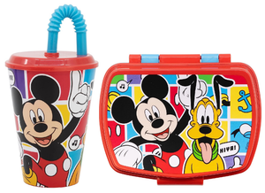 Set Bicchiere con Cannuccia e Portamerenda Topolino DISNEY 2 Pezzi in Plastica Riutilizzabile Bpa Free