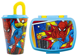 Set Bicchiere con Cannuccia e Portamerenda Spiderman MARVEL 2 Pezzi in Plastica Riutilizzabile Bpa Free
