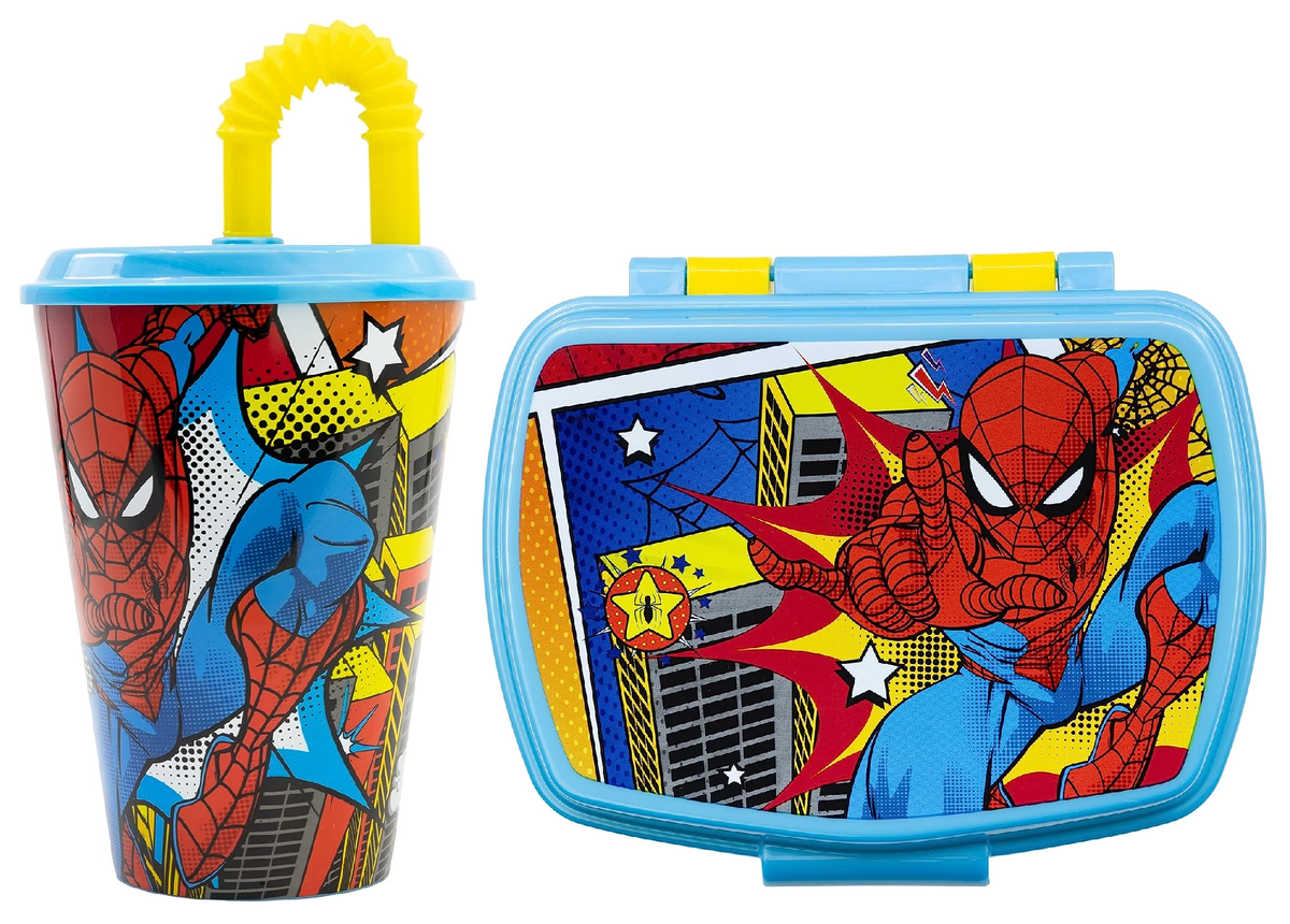 Set Bicchiere con Cannuccia e Portamerenda Spiderman MARVEL 2 Pezzi in Plastica Riutilizzabile Bpa Free