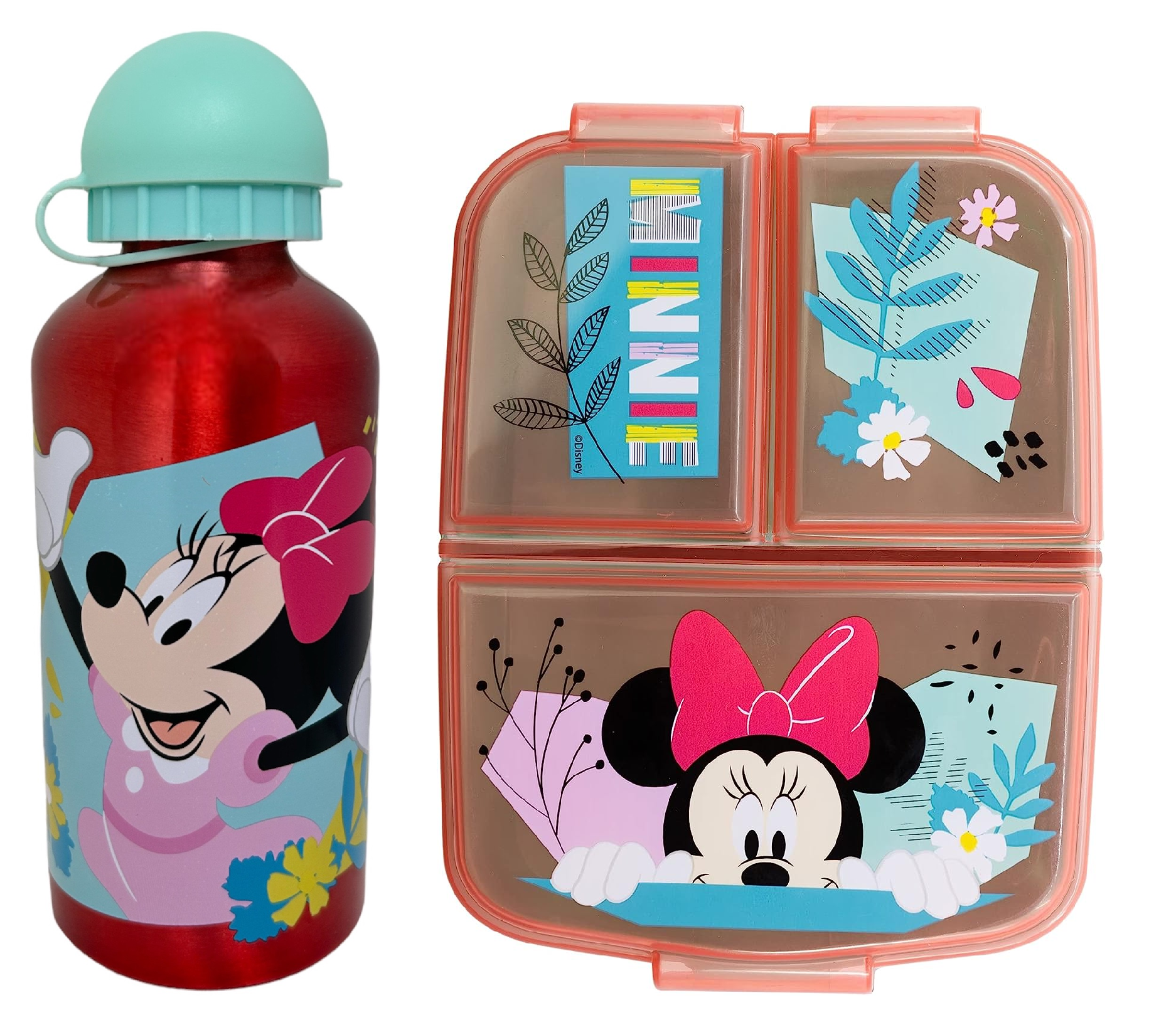 Set Borraccia in Alluminio e Portamerenda Multiscomparto Minnie DISNEY 2 Pezzi Bpa Free