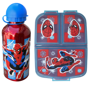 Set Borraccia in Alluminio e Portamerenda Multiscomparto Spiderman MARVEL 2 Pezzi Bpa Free
