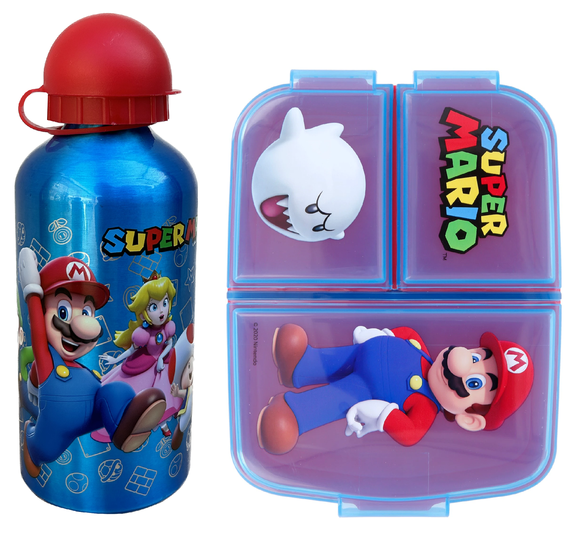 Set Borraccia in Alluminio e Portamerenda Multiscomparto Super Mario 2 Pezzi Bpa Free