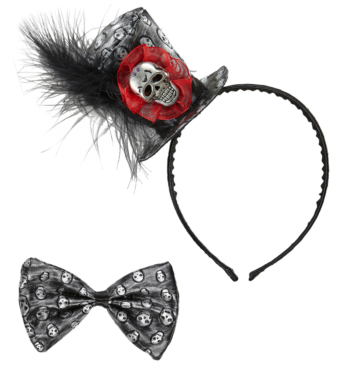 Mini Cappello e Farfallino Teschio Metallizzato Accessori per Abito Vestito Travestimento Carnevale Halloween - 04142
