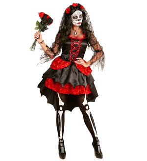 Costume con Accessori Sposa Dia De Los Muertos Calze Trucco Bouquet Travestimento Halloween M - 0611+01307+03235+02409