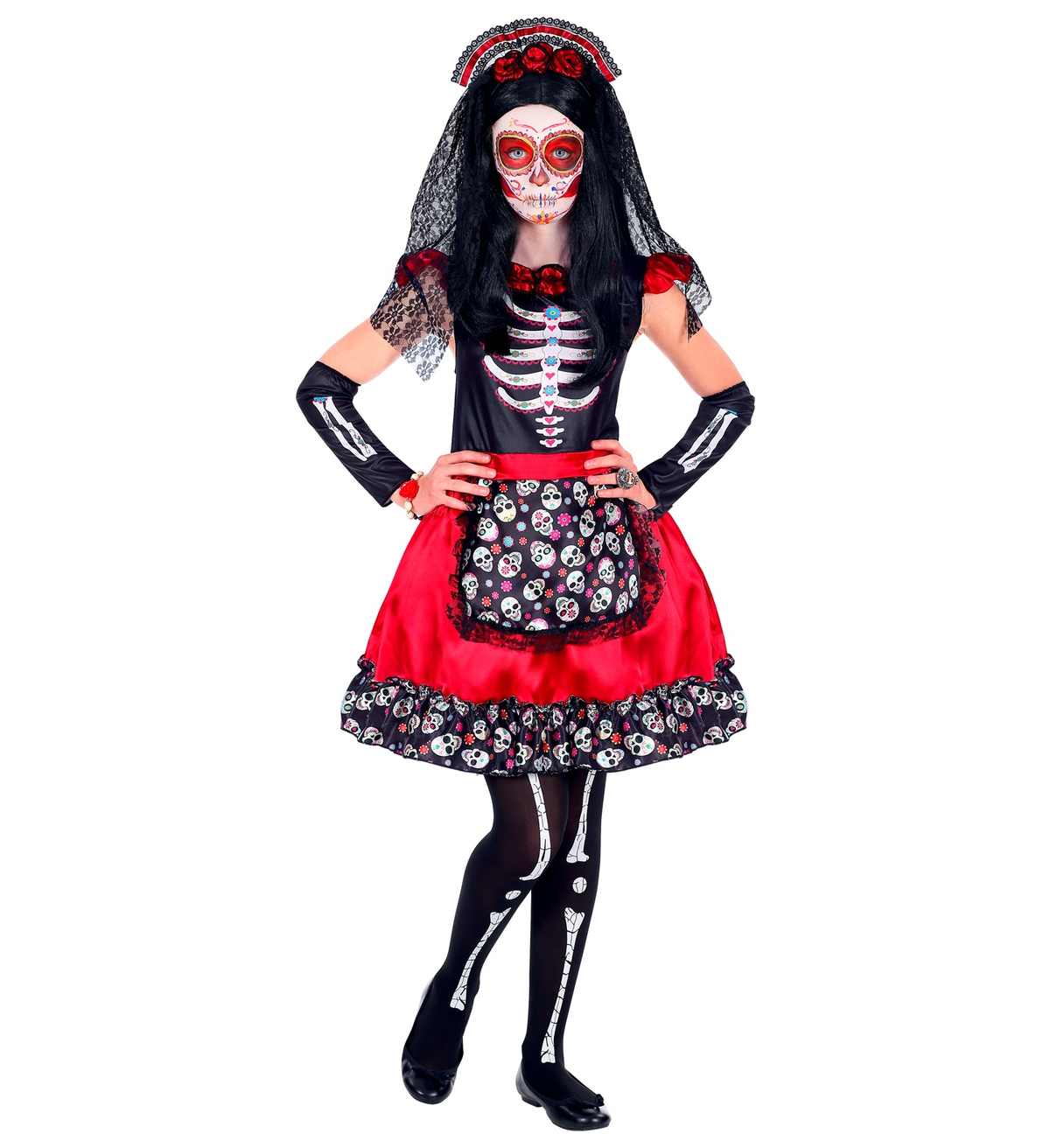 Costume con Accessori Mujer Dia De Los Muertos Vestito Bouquet Calze Trucco Travestimento Halloween 11/13 Anni - 0691+03235+30018+02409