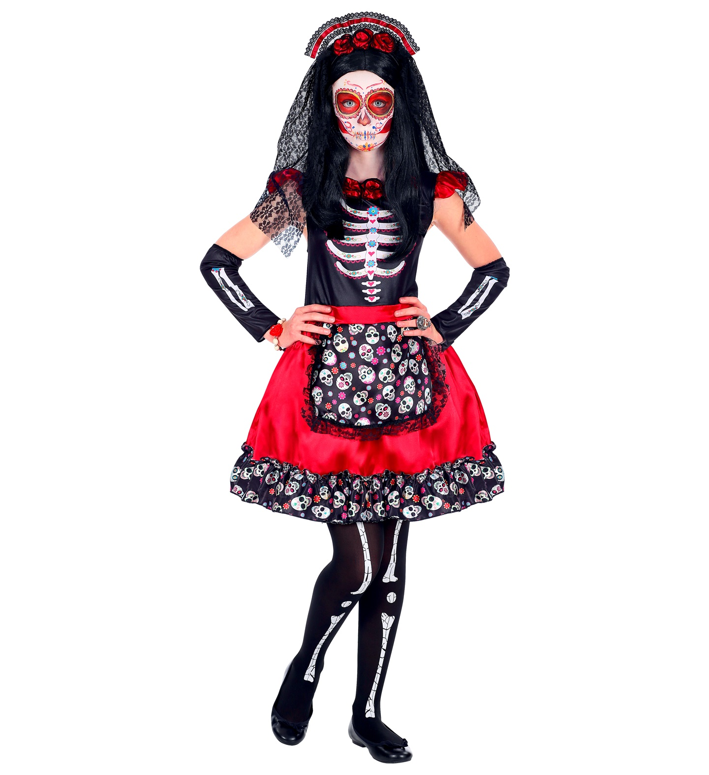 Costume con Accessori Mujer Dia De Los Muertos Vestito Bouquet Calze Trucco Travestimento Halloween 8/10 Anni - 0691+03235+30018+02409