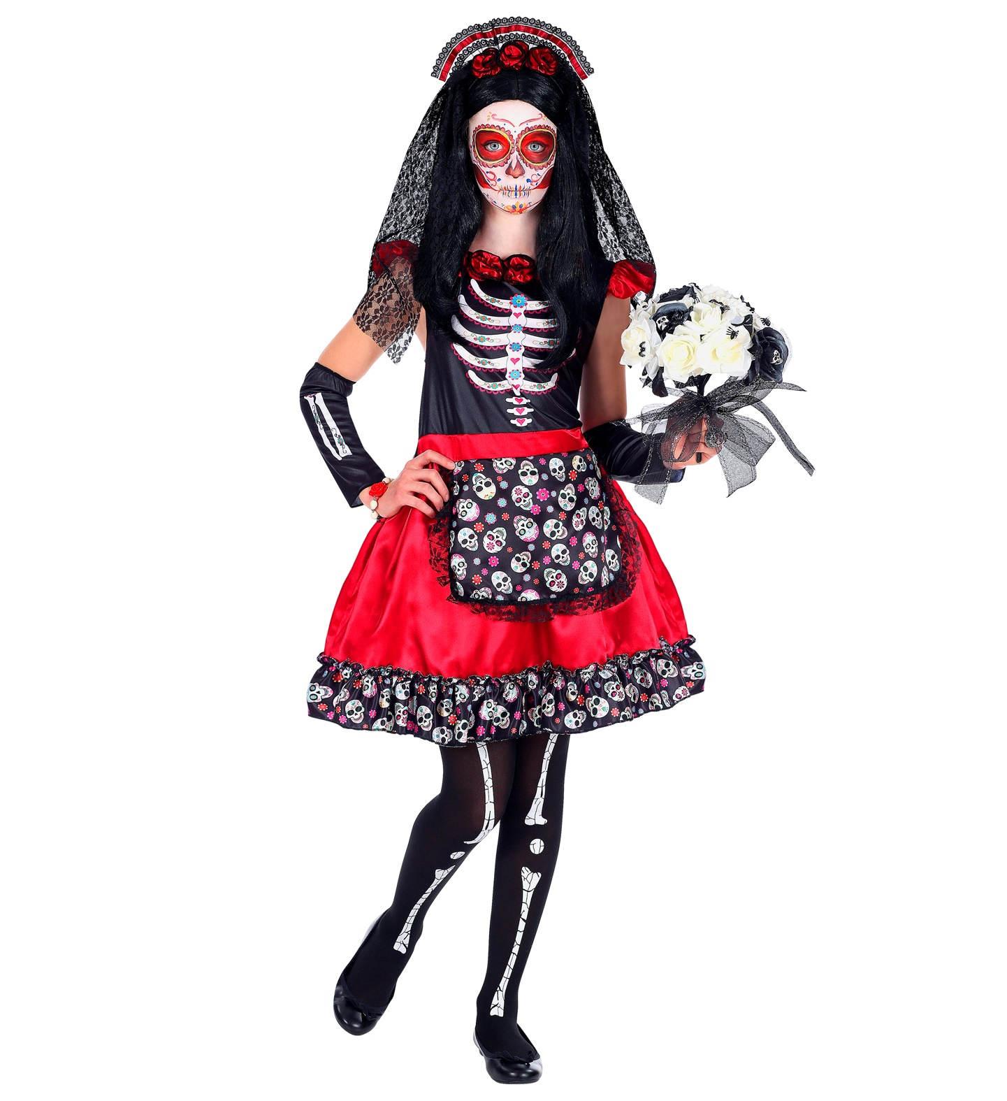 Vestito Carnevale Mujer Dia De Los Muertos Travestimento Halloween Bambina - 0691