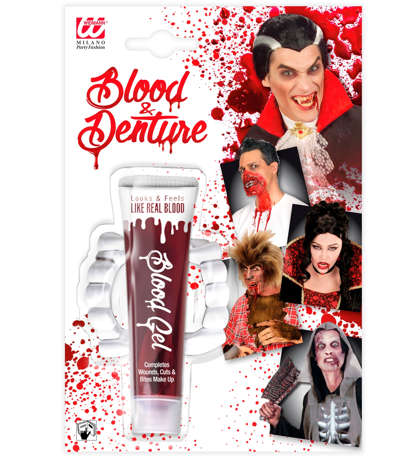 Set Sangue in Tubo 28 Ml e Dentiera Vampiro Accessori Travestimento Carnevale Halloween - 4031d