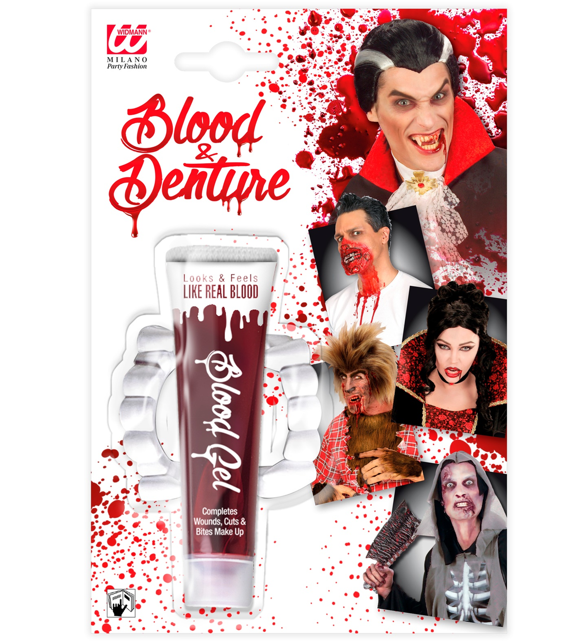 Set Sangue in Tubo 28 Ml e Dentiera Vampiro Accessori Travestimento Carnevale Halloween - 4031d