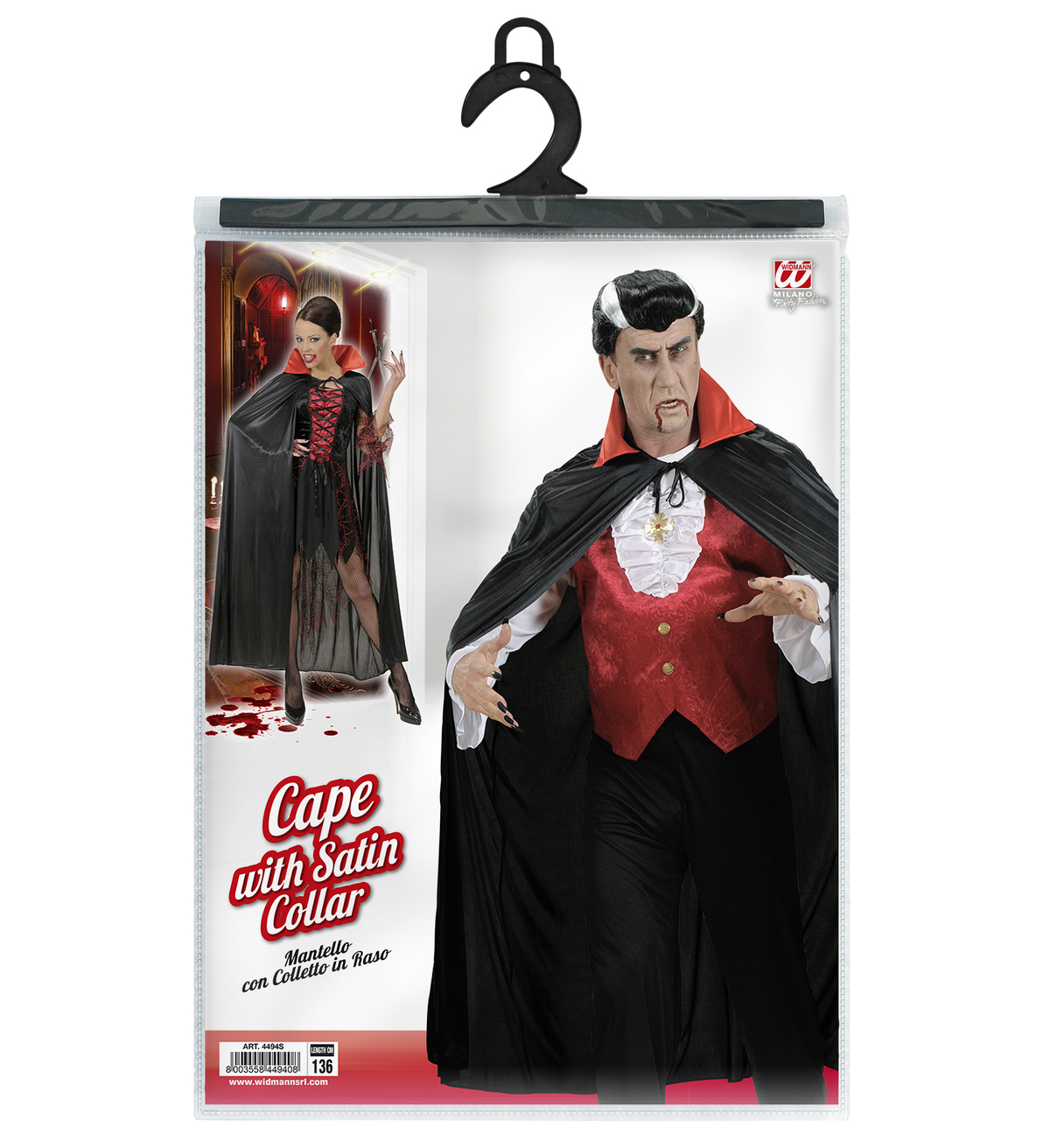 Mantello Nero con Colletto Rosso Accessori per Travestimento Carnevale Halloween - 4494s