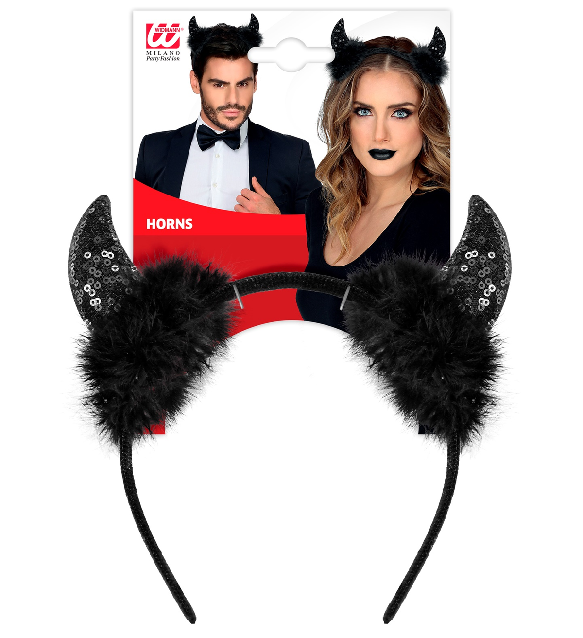 Cerchietto Corna in Paillettes Nere Accessori Travestimento Carnevale Halloween - 03376