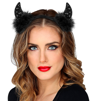 Cerchietto Corna in Paillettes Nere Accessori Travestimento Carnevale Halloween - 03376