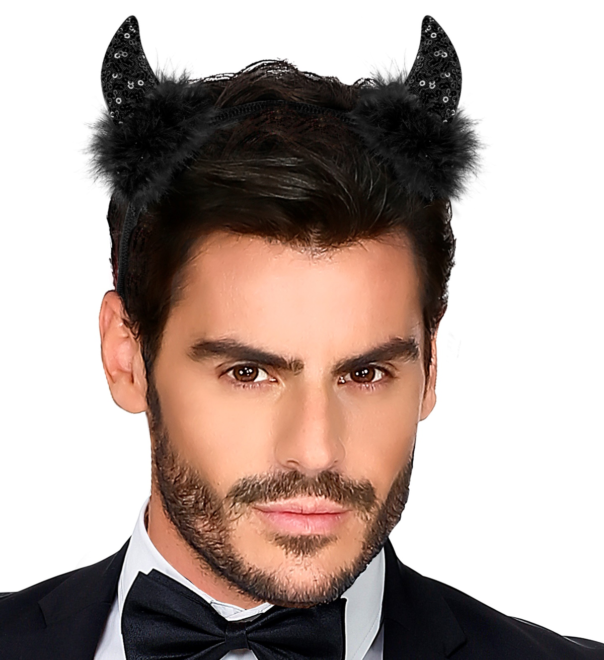 Cerchietto Corna in Paillettes Nere Accessori Travestimento Carnevale Halloween - 03376