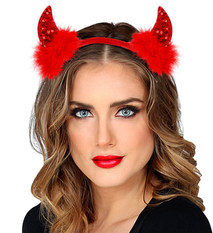 Cerchietto Corna in Paillettes Rosse Accessori Travestimento Carnevale Halloween - 03377