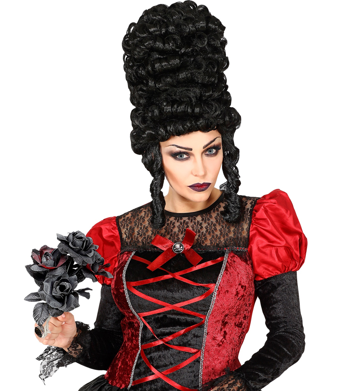 Bouquet Sposa Halloween con Rose Nere e Rosse Accessori Travestimento Carnevale - 03235