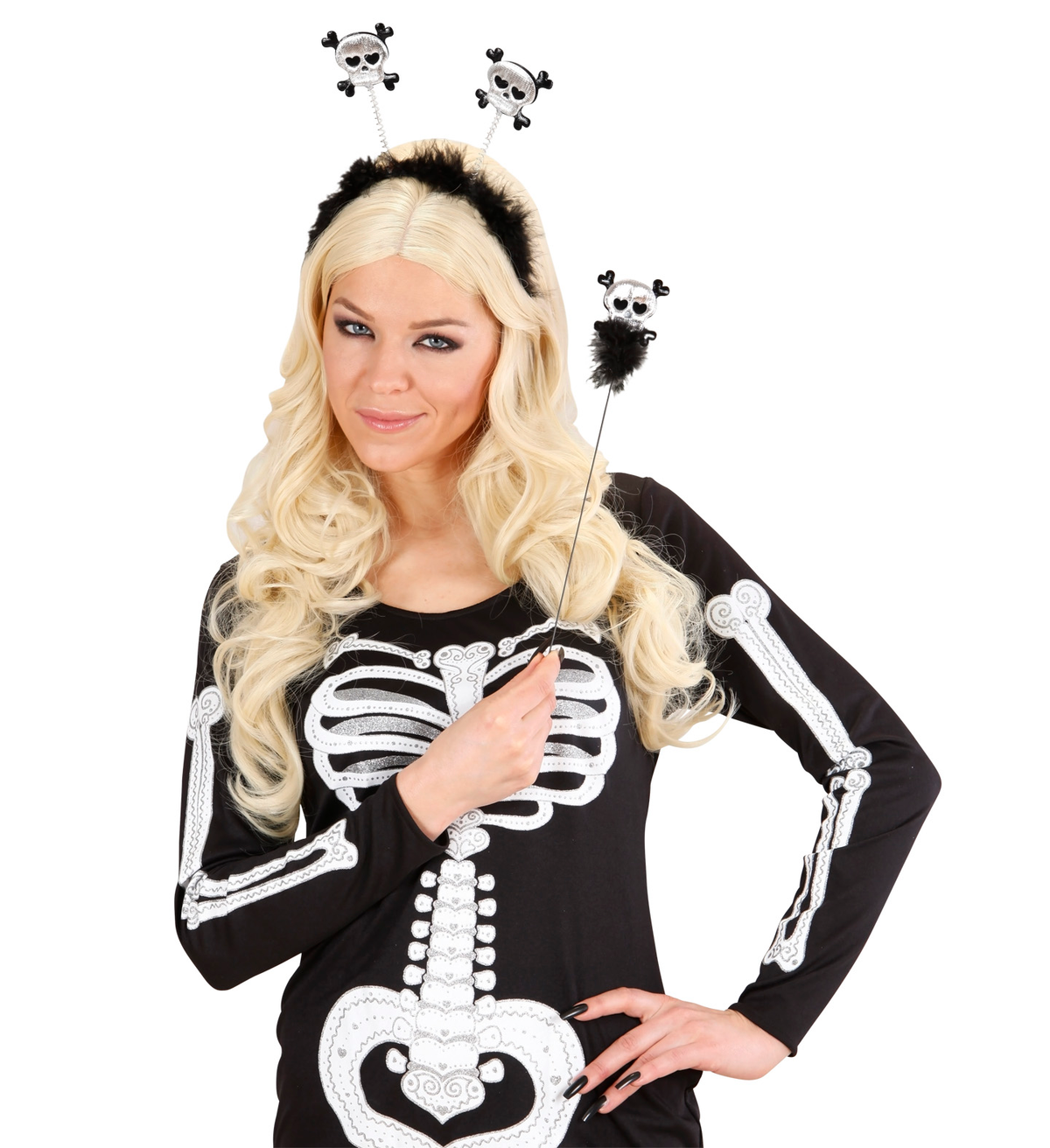 Set Cerchietto e Bacchetta Teschio con Ossa Accessori per Travestimento Carnevale Halloween - 1787k