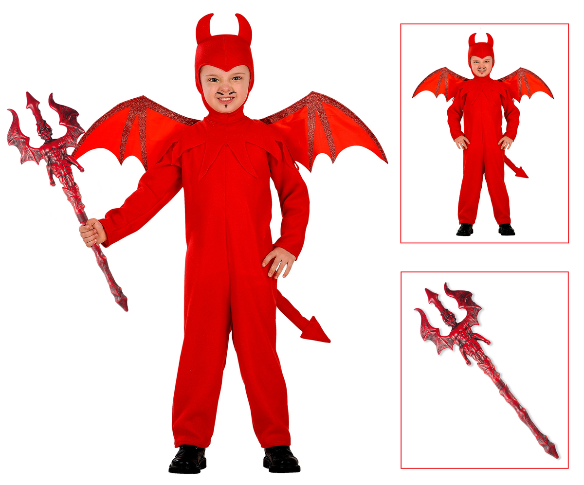 Vestito Carnevale con Accessori Diavolo Tridente Travestimento Halloween Bambino 3/4 Anni - 4192+6976d
