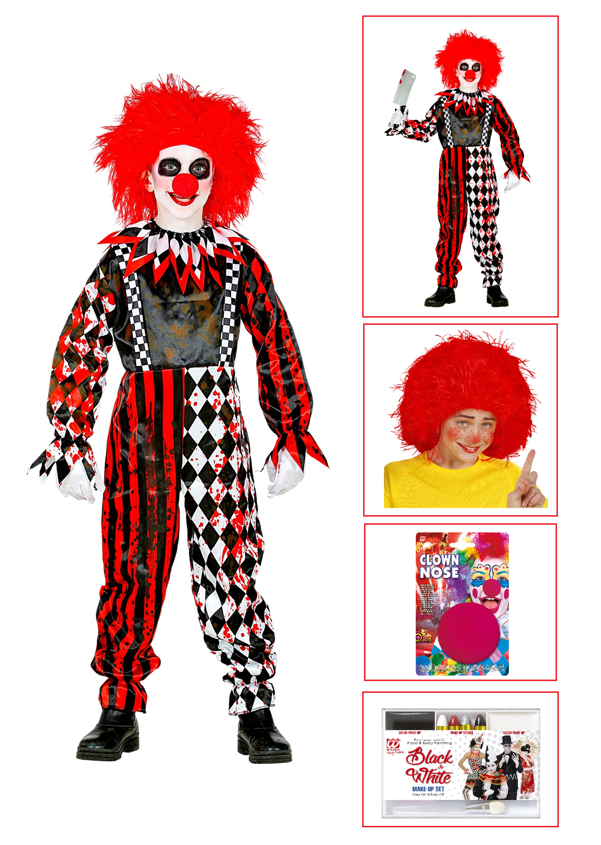Vestito Carnevale con Accessori Pagliaccio Horror Travestimento Halloween Bambino 11/13 Anni - 5251+6269p+2285c+02409