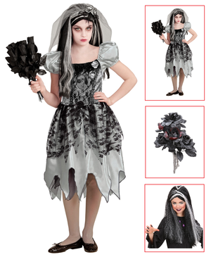Costume con Accessori Sposa Spettrale Vestito Bouquet Parrucca Travestimento Halloween Bambina 5/7 Anni - 0546+03235+6279s