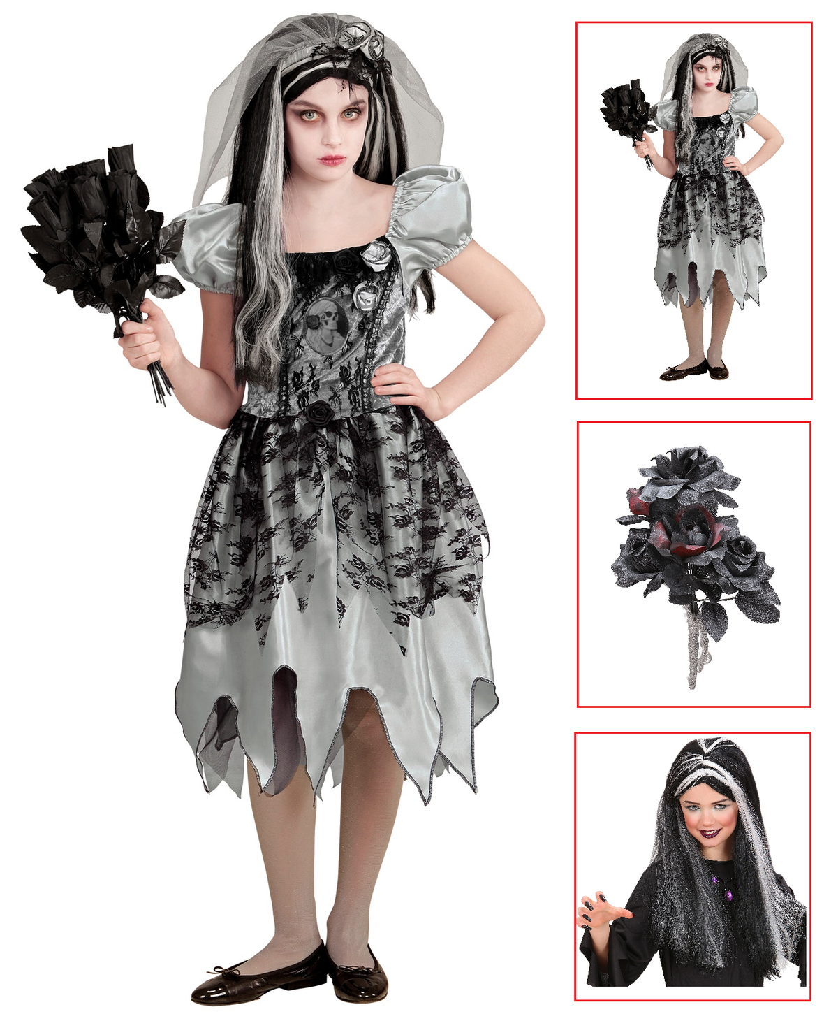 Costume con Accessori Sposa Spettrale Vestito Bouquet Parrucca Travestimento Halloween Bambina 11/13 Anni - 0546+03235+6279s