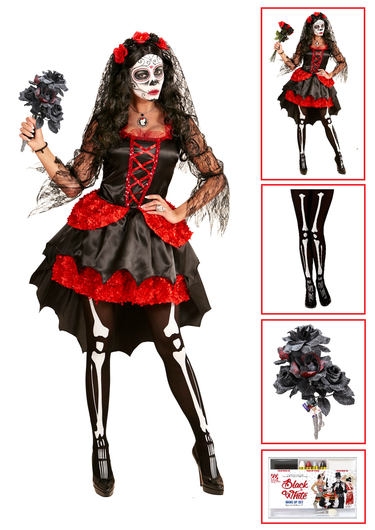 Costume con Accessori Sposa Dia De Los Muertos Calze Trucco Bouquet Travestimento Halloween Xs - 0611+01307+03235+02409