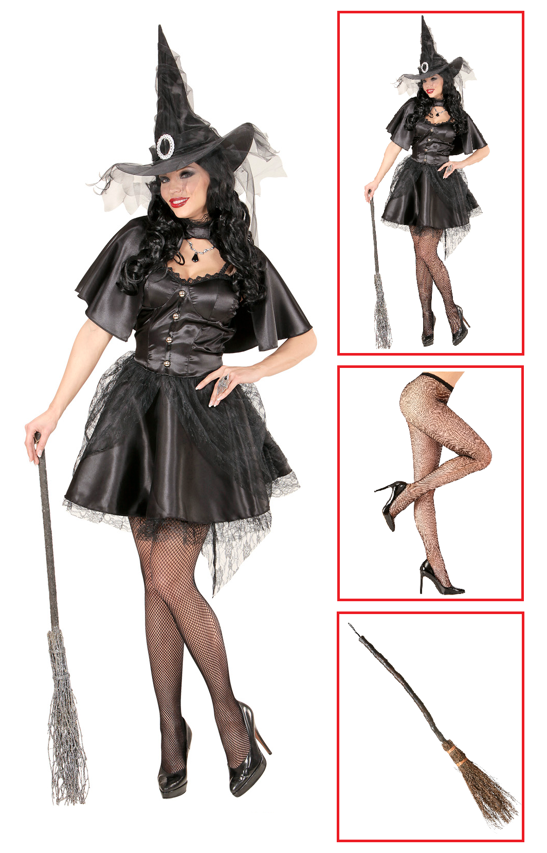 Costume con Accessori Strega Vestito Calze a Rete Scopa 89 CM Travestimento Halloween Adulto S - 0631+4750r+9835w