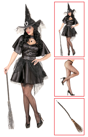 Costume con Accessori Strega Vestito Calze a Rete Scopa 89 CM Travestimento Halloween Adulto L - 0631+4750r+9835w