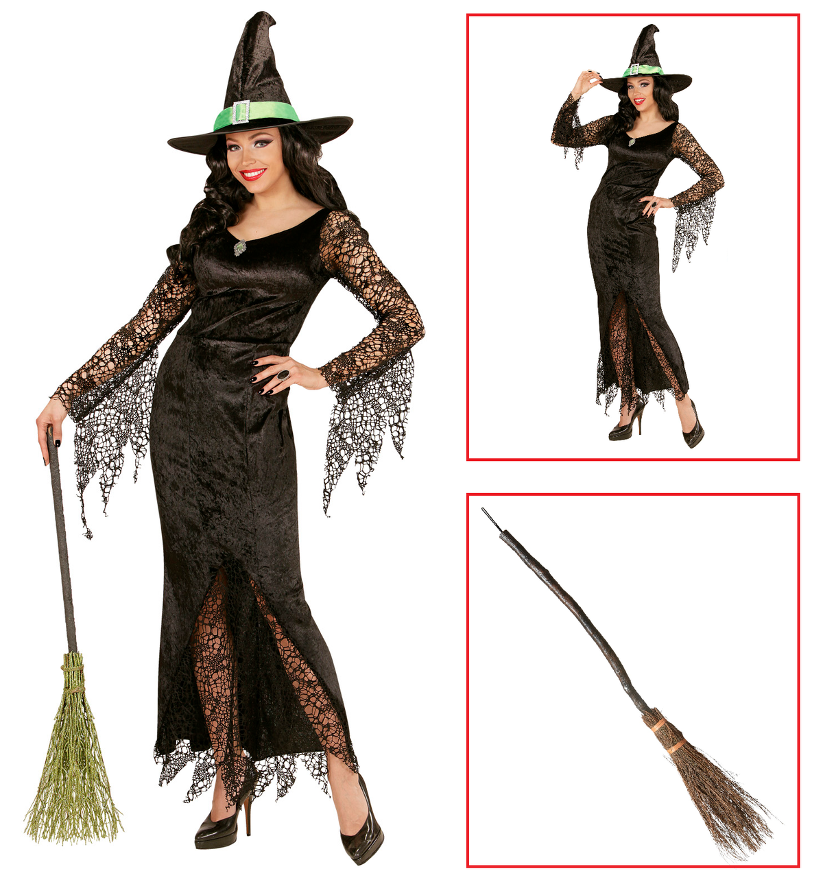 Costume con Accessori Strega Vestito Cappello Scopa Travestimento Halloween Adulto S - 0650+9835w