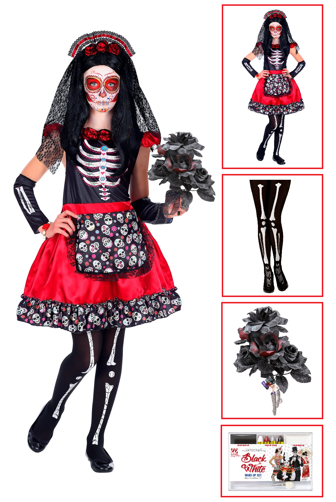 Costume con Accessori Mujer Dia De Los Muertos Vestito Bouquet Calze Trucco Travestimento Halloween 5/7 Anni - 0691+03235+30018+02409