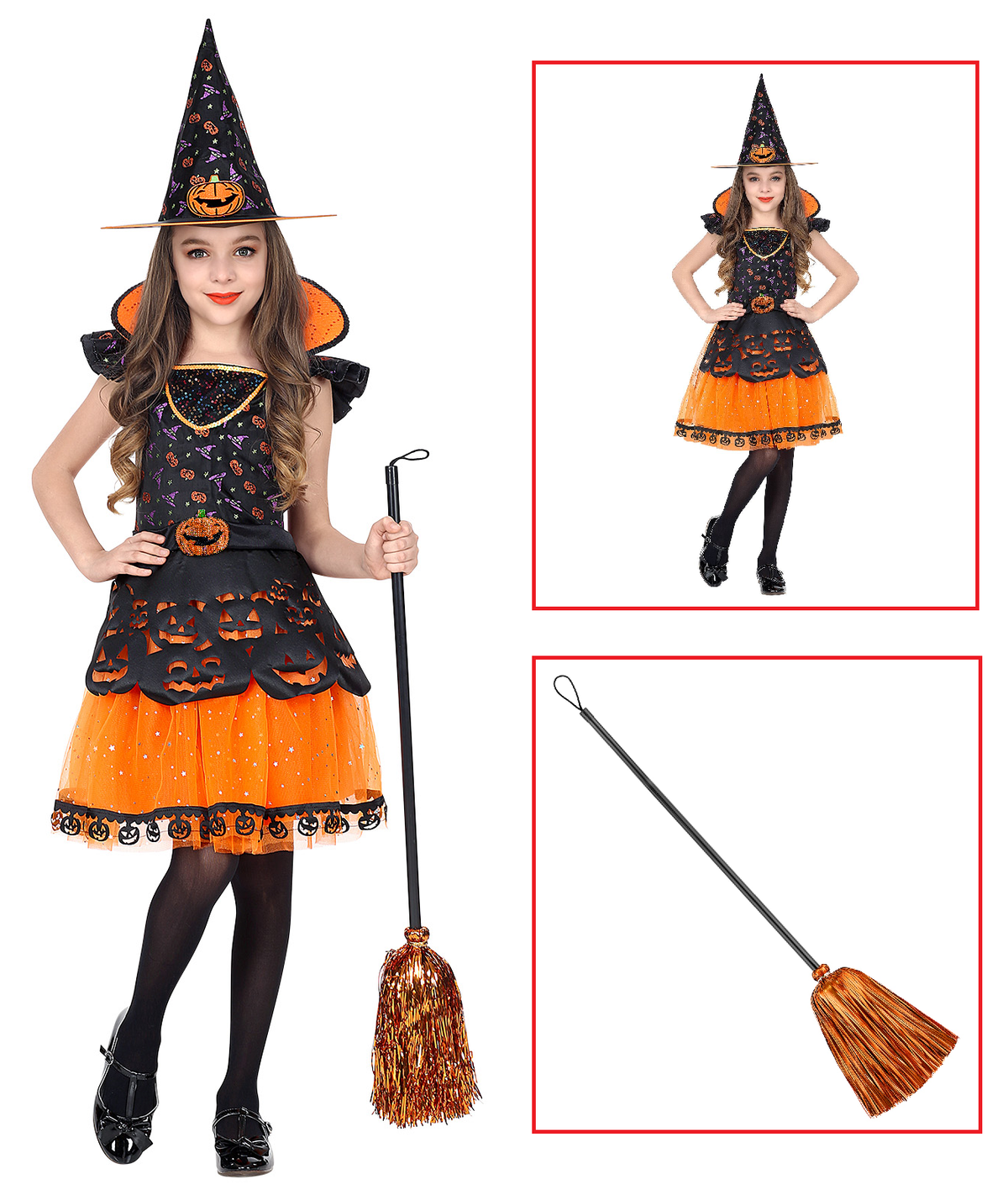 Costume con Accessori Strega Vestito Cappello Scopa Travestimento Halloween 8/10 Anni - 0708+52776