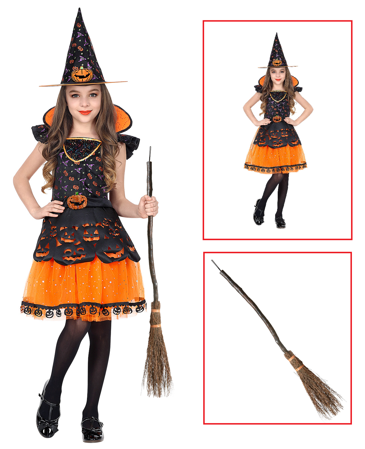 Costume con Accessori Strega Vestito Cappello Scopa Storta Travestimento Halloween 4/5 Anni - 0708+9835w