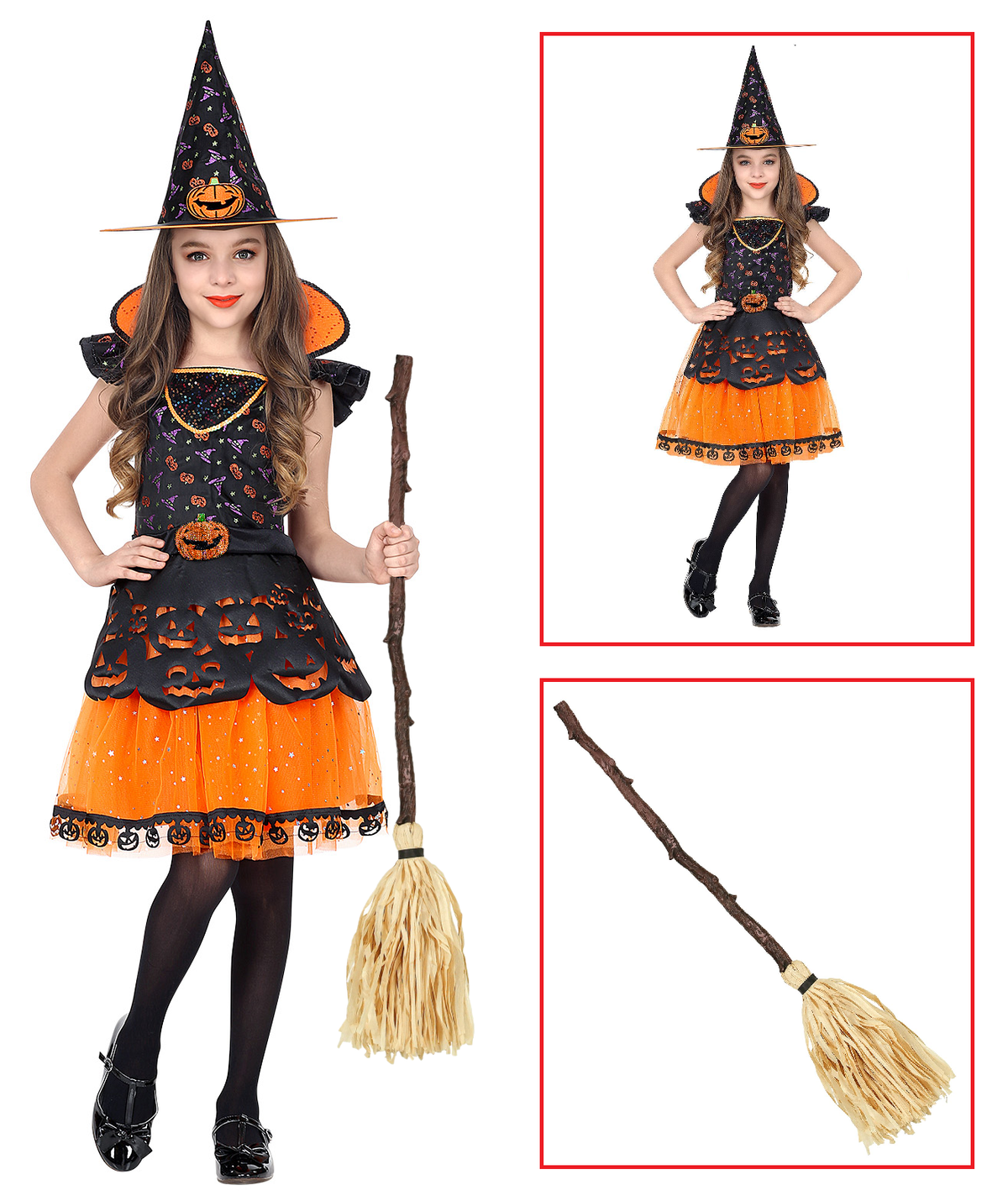 Costume con Accessori Strega Vestito Cappello Scopa Storta Travestimento Halloween 4/5 Anni - 0708+03231