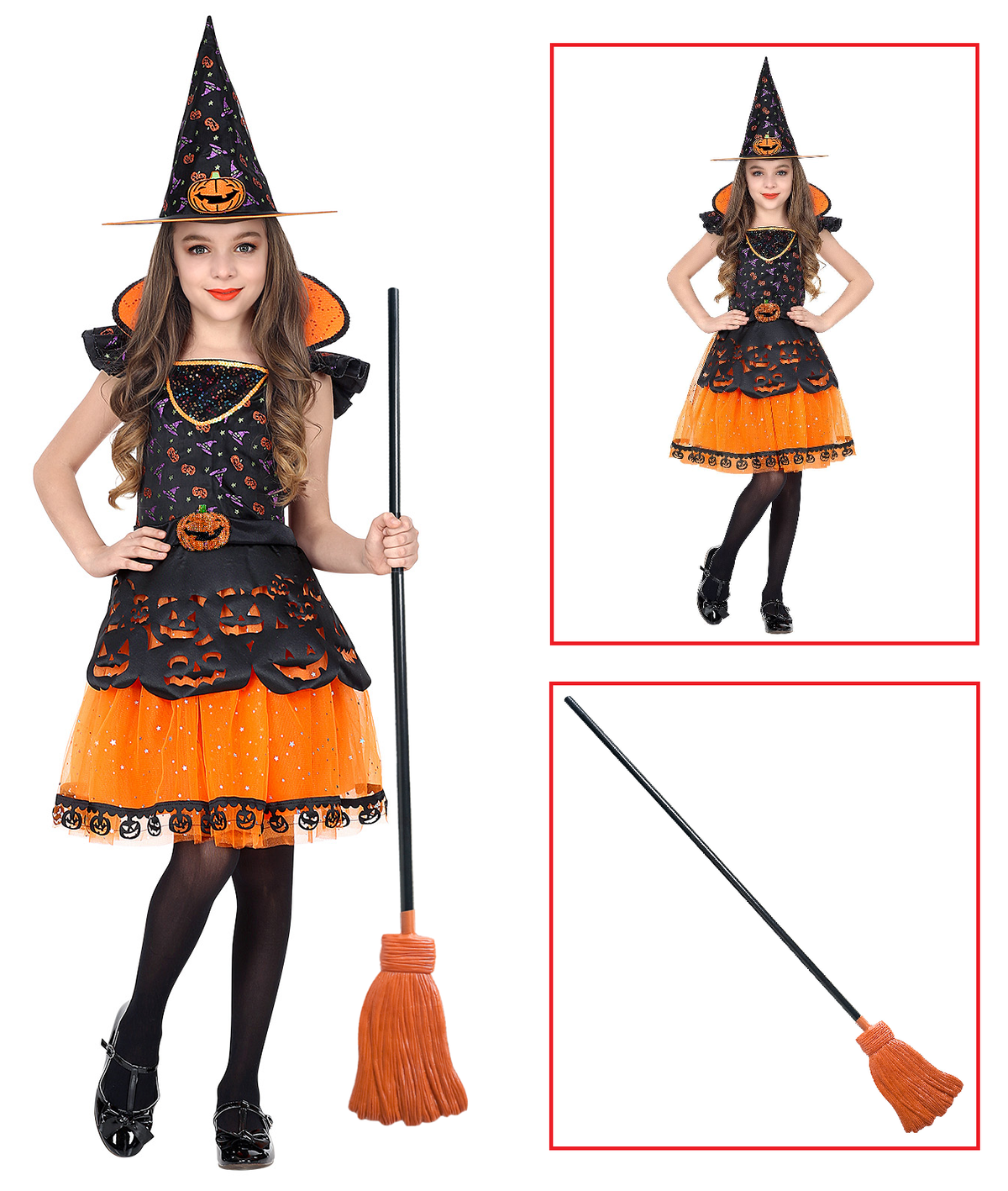 Costume con Accessori Strega Vestito Cappello Scopa Storta Travestimento Halloween 8/10 Anni - 0708+2133w