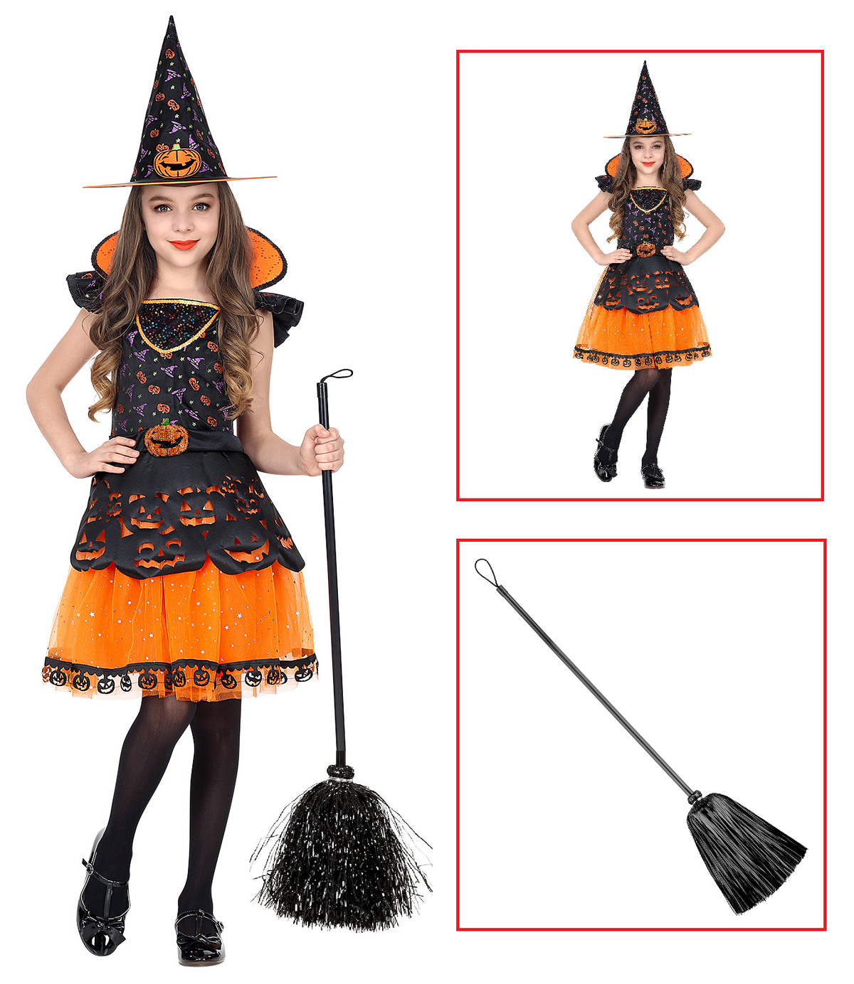 Costume con Accessori Strega Vestito Cappello Scopa Travestimento Halloween 8/10 Anni - 0708+52782