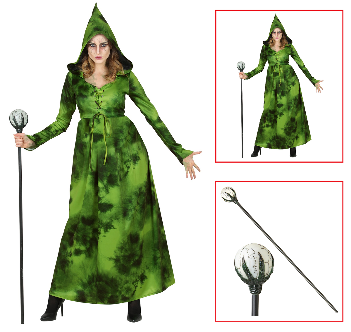 Costume con Accessori Strega Della Foresta Abito con Cappuccio Bastone Magico 122 CM Travestimento Halloween XL - 1071+52815