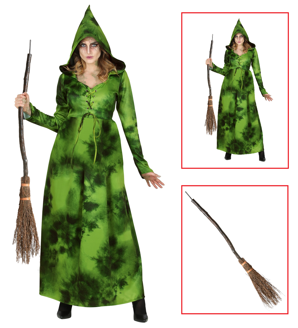 Costume con Accessori Strega Della Foresta Abito con Cappuccio Scopa 89 CM Travestimento Halloween S - 1071+9835w