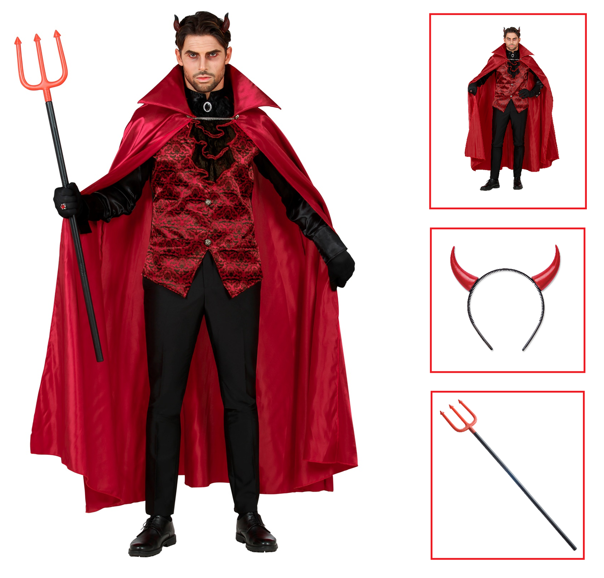 Costume con Accessori Diavolo Abito Corna Tridente Travestimento Halloween Adulto M/l - 1174+5483c+5279d