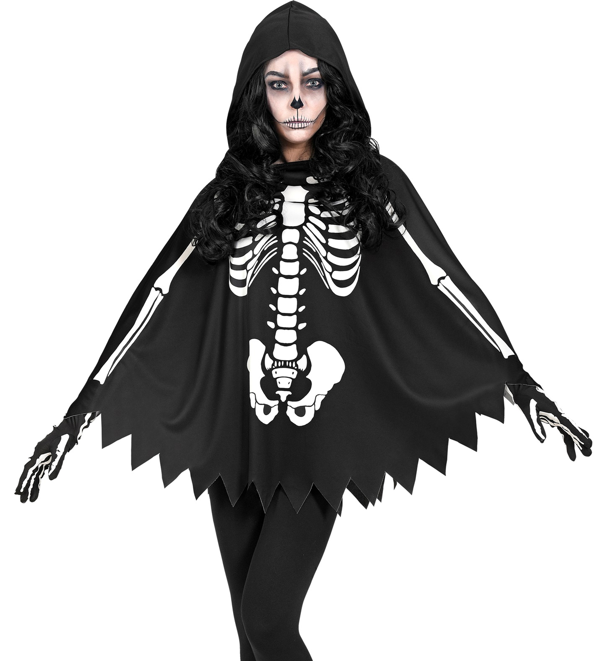 Costume da Scheletro Travestimento per Adulti Poncho con Cappuccio Halloween - 48154
