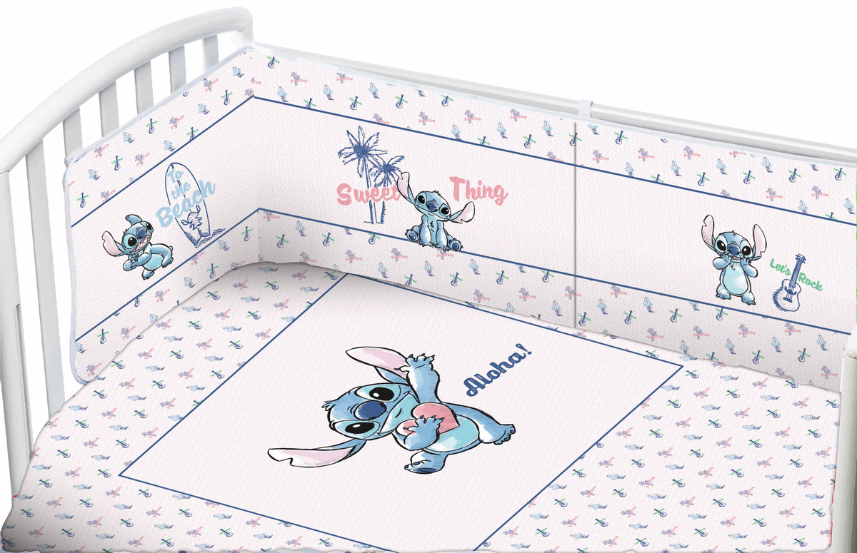 Completo Lettino Culla Stitch DISNEY 4 Pezzi Federa Paracolpi Piumino e Copripiumino - Ql0452wd