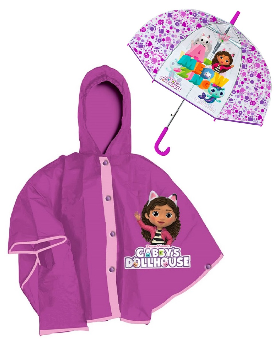 Set Pioggia Mantellina + Ombrello a Cupola Gabby's Dollhouse 5/6 Anni Bambina - O0764mc+o0795mc