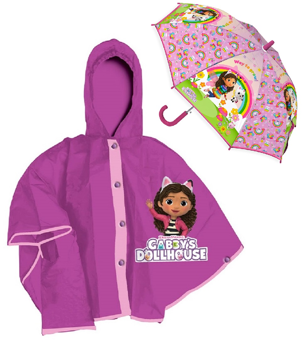 Set Pioggia Mantellina + Ombrello Gabby's Dollhouse 5/6 Anni Bambina - O0764mc+o0794mc