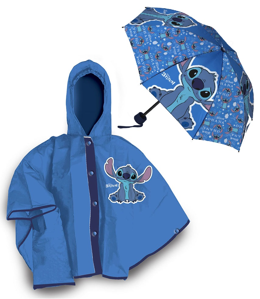 Set Pioggia Mantellina + Ombrello Pieghevole Stitch DISNEY 7/8 Anni Bambina - D06495mc+d06493mc
