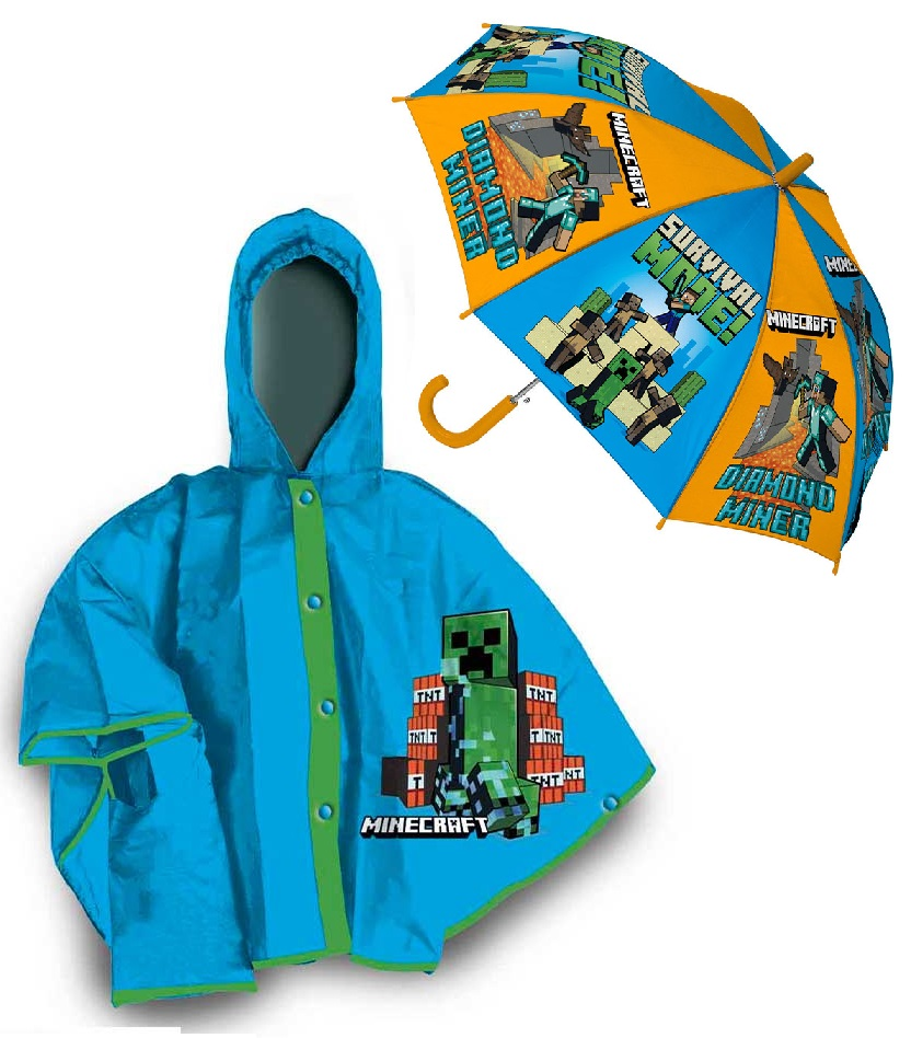 Set Pioggia Mantellina + Ombrello Minecraft 8/9 Anni Bambino - K04381mc+k04379mc