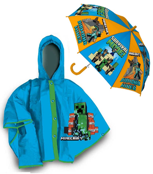 Set Pioggia Mantellina + Ombrello Minecraft 4/5 Anni Bambino - K04381mc+k04379mc