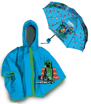 Set Pioggia Mantellina + Ombrello Pieghevole Minecraft 4/5 Anni Bambino - K04381mc+k04378mc